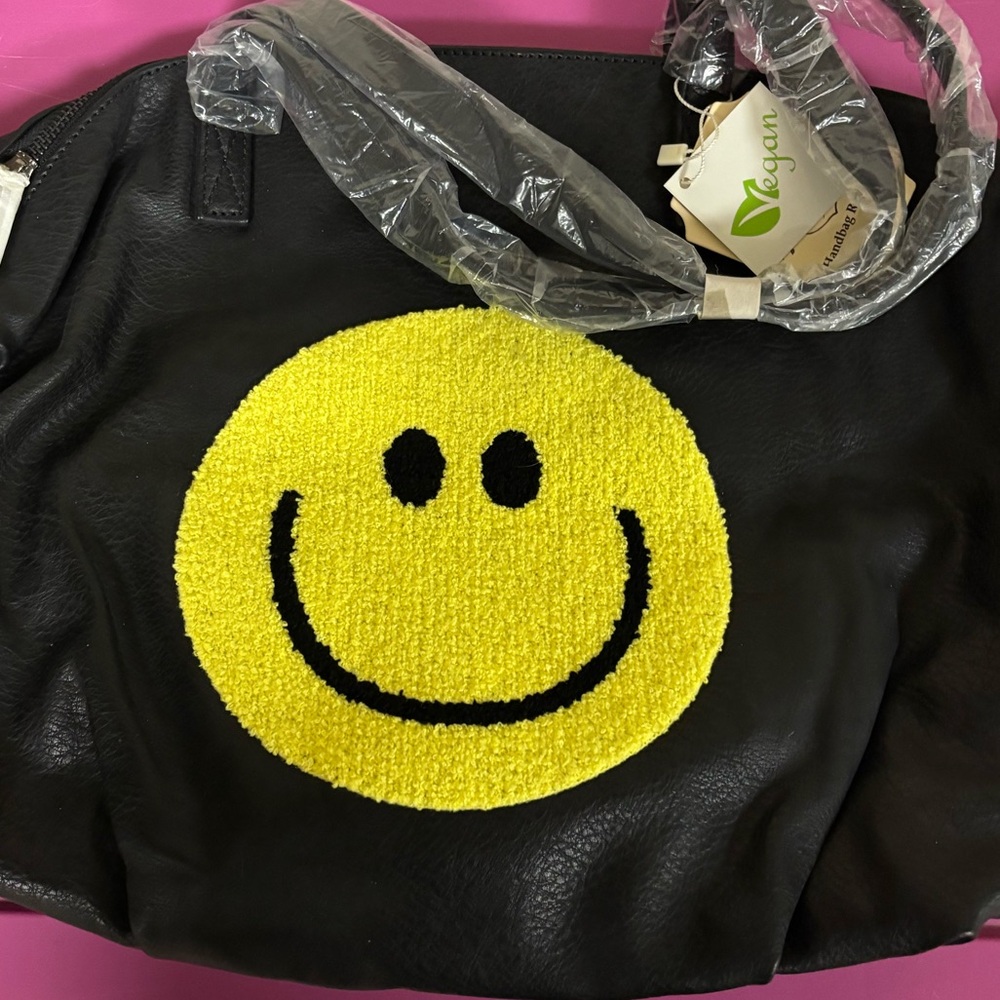 Vegan Black Shoulder Bag with Yellow Smiley Face